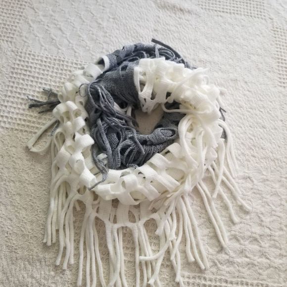 Boho Grey and White Cutout Hole Infinity Fringe Scarf - Picture 2 of 4